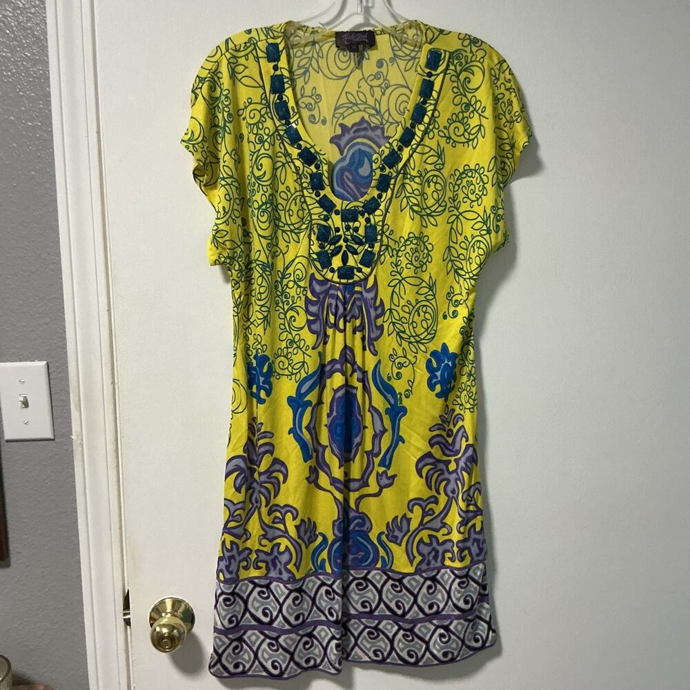 Hale Bob Dress Women Med Yellow Silk Beaded Shift Boho Floral Paisley 4028